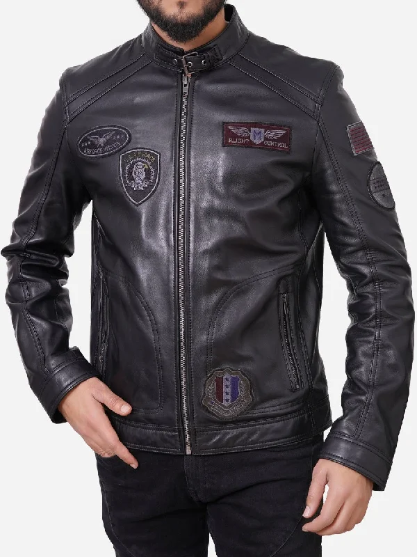 Chester Black Leather Jacket With Patches