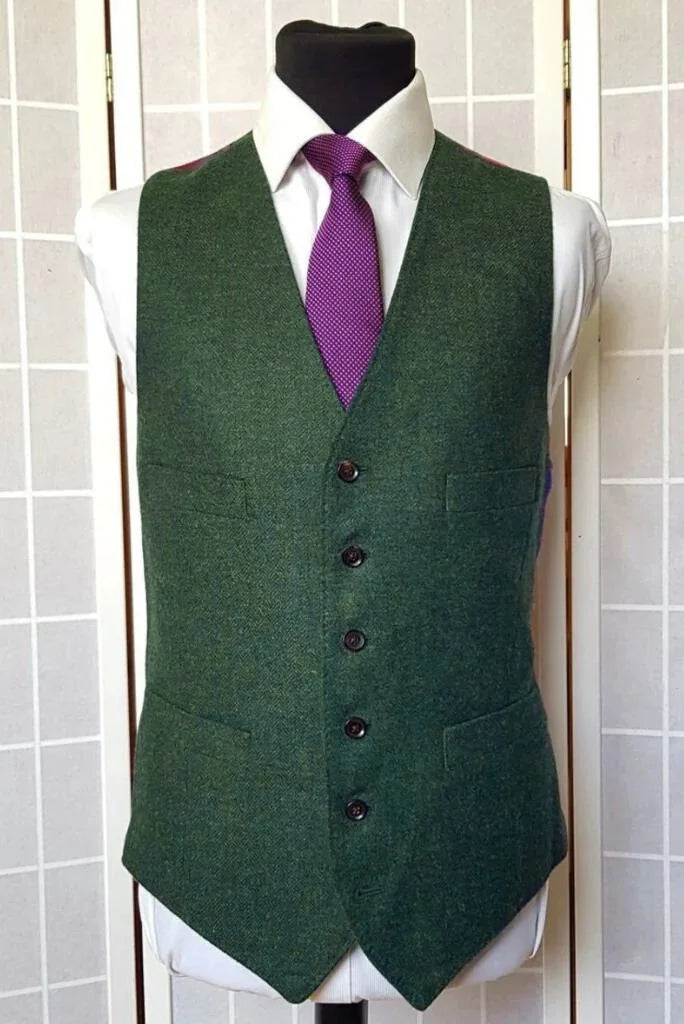 Mens Green Waistcoat Groomsmen Wedding Wear Winter Tweed Waistcoat Formal Event Vestcoat Prom Wear