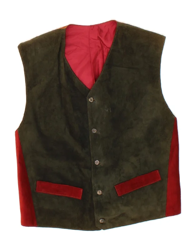 VINTAGE Mens Suede Waistcoat Small Green Colourblock Suede