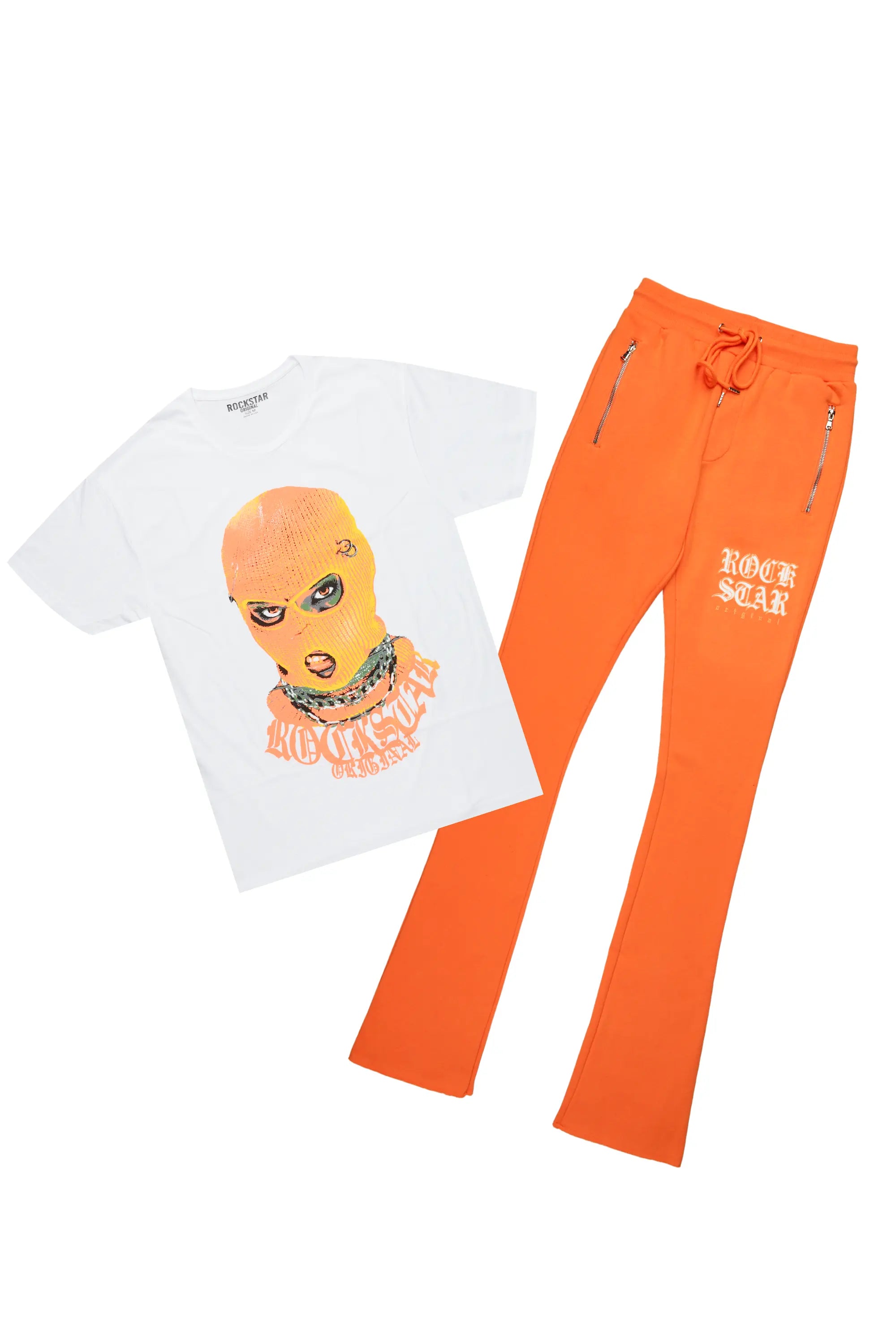 Murdra White/Orange T-Shirt/Stacked Flare Pant Set