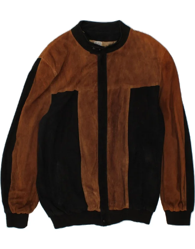 VINTAGE Mens Leather Jacket IT 56 3XL Brown Colourblock