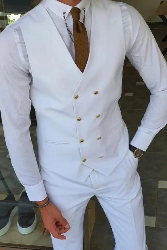 Men Custom White Waistcoat with Adjustable Back Belt and V Shape Style Gift For Engagement