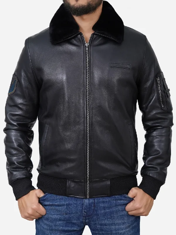 Men Black Shearling Collar Bomber Leather Jacket