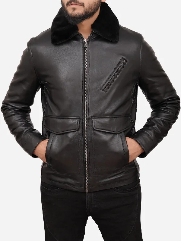 George Shearling Collar Black Leather Jacket