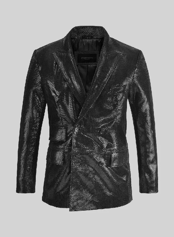 Snake Emboss Black Leather Blazer