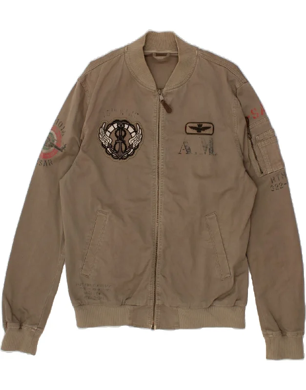 AERONAUTICA MILITARE Mens Graphic Bomber Jacket IT 52 XL Beige Cotton