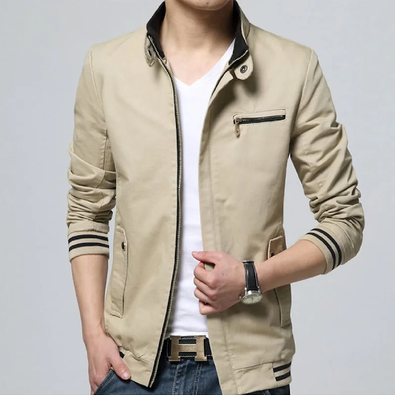 Mens Stand Collar Zipper Jacket in Beige