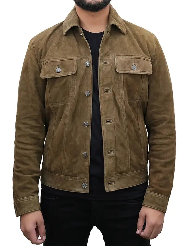 Corey Olive Green Suede Trucker Jacket