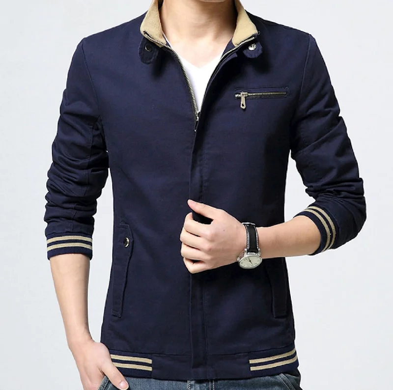 Mens Stand Collar Zipper Jacket in Navy