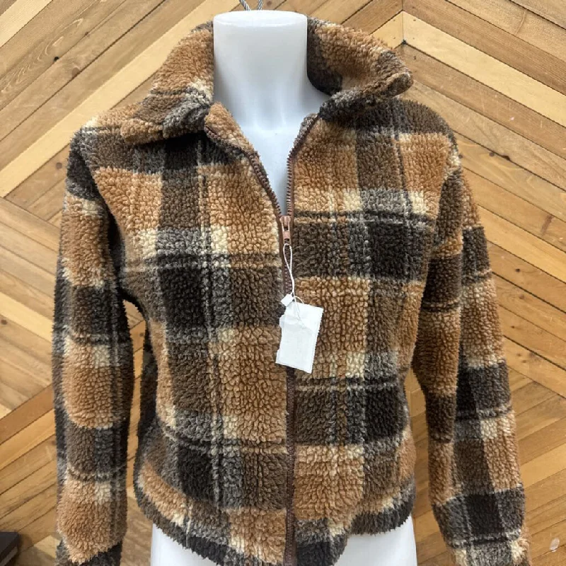 Zaful Plaid Fleece Pullover: Tan and Brown-women-LG