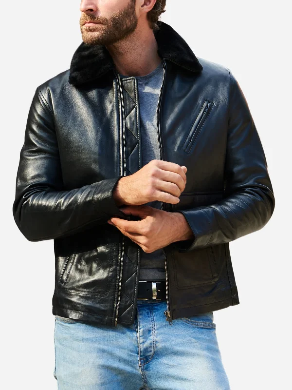 Jasper Aviator Flight Shearling Black Leather Jacket