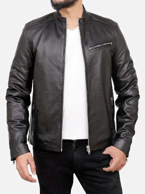 Thomas Sheepskin Black Cafe Racer Motorcycle Jacket