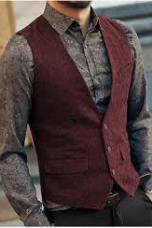 Men's Vintage Maroon Waistcoat with Adjustable V Shape Style Winter Tweed Waistcoat Wedding Formal Event Prom Groom Wear Bespoke