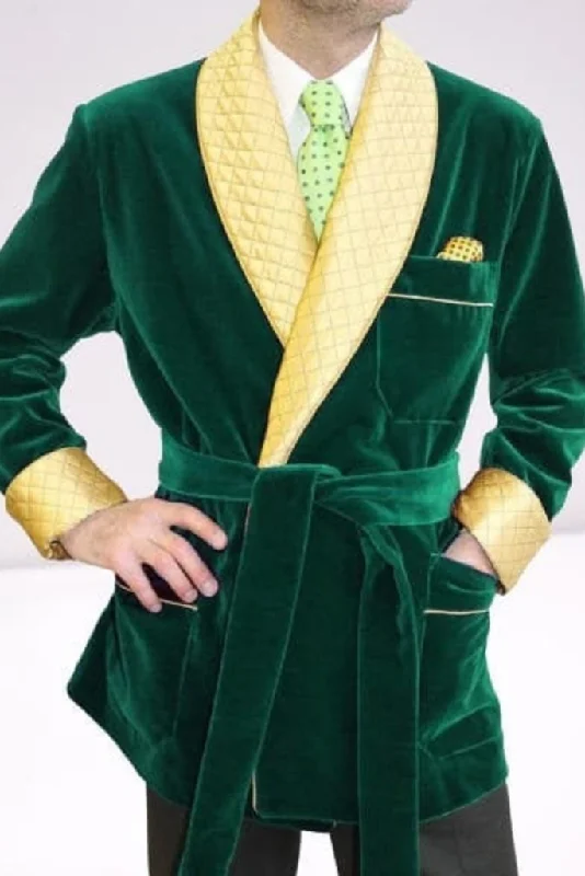 MEN DINNER ROBE - Men Smoking Jacket - Yellow Quilting On Green Jacket - Evening Wear Jacket - Gift For Men - Velvet Dinner Jacket