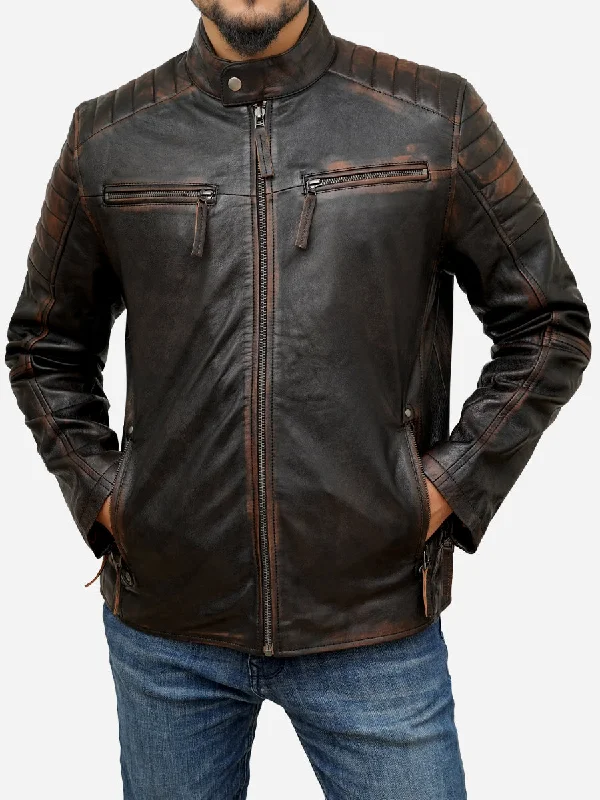 Men's Distressed Brown Leather Moto Cafe Racer Jacket