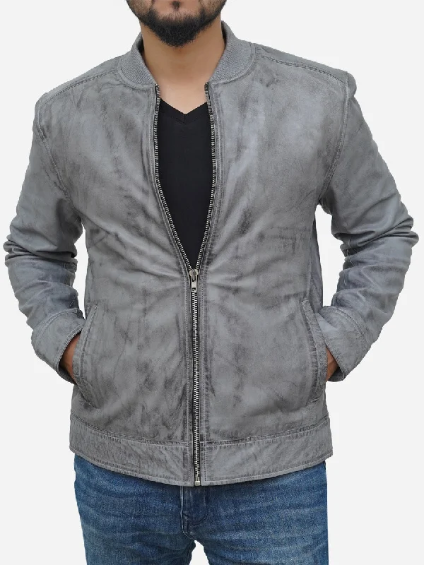 Men's Distressed Grey Leather Bomber Jacket