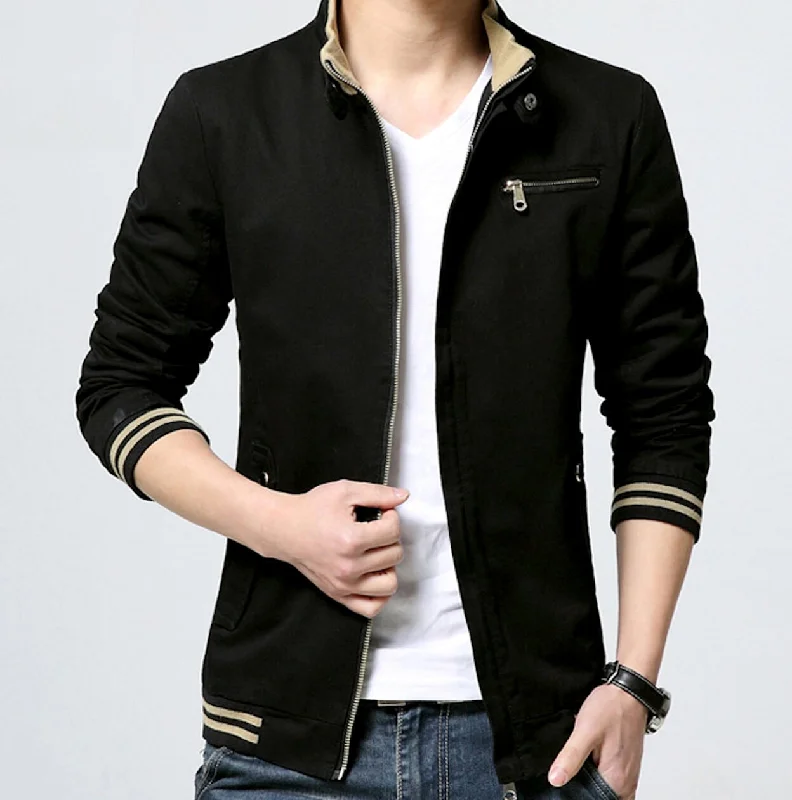 Mens Black Stand Collar Zipper Jacket