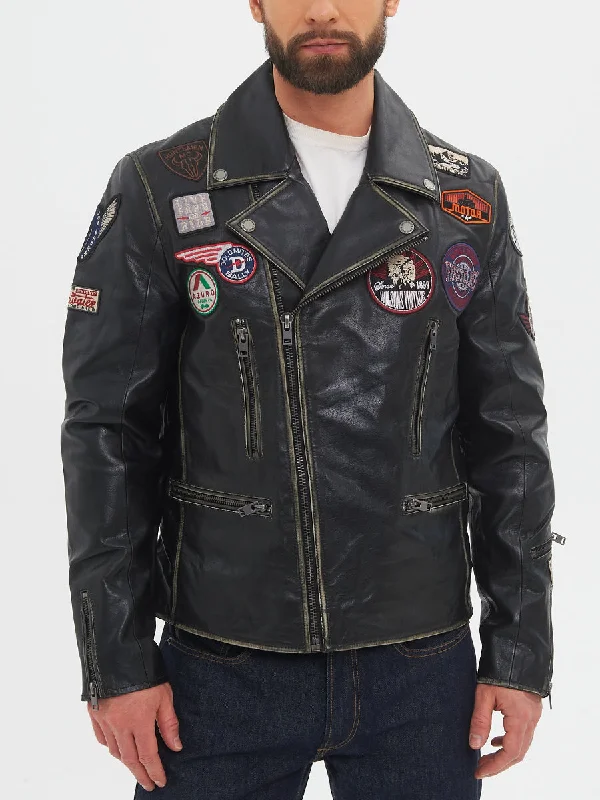 Sentinel Black Leather Jacket With Patches