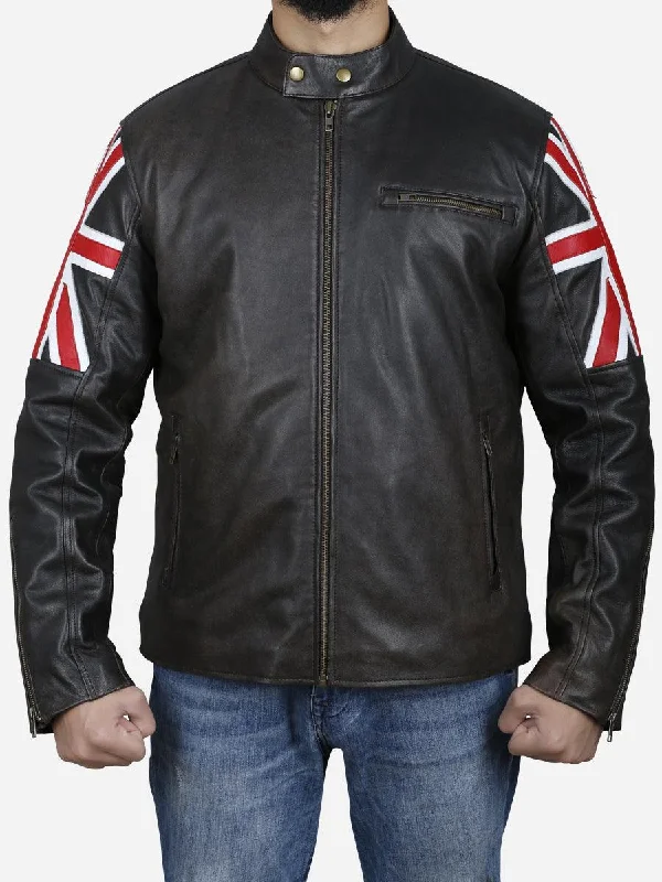 Alex Men's Brown Leather Jacket with UK Flag on Sleeves