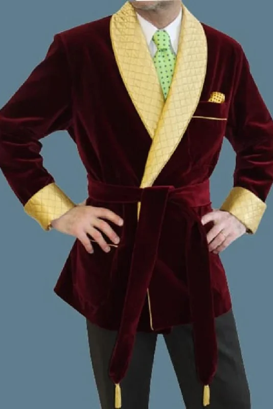 MEN VELVET JACKET - men Smoking Jacket - Maroon Velvet Jacket - Gift For Men - Yellow Quilted Robe - Men Evening Coat - Men Dinner Coat