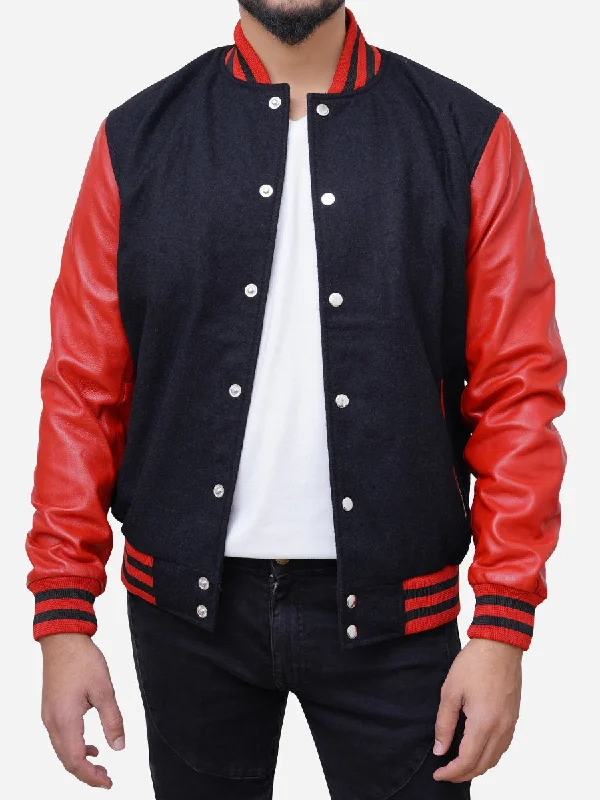 Men's Wool Blended Black and Red Varsity Jacket