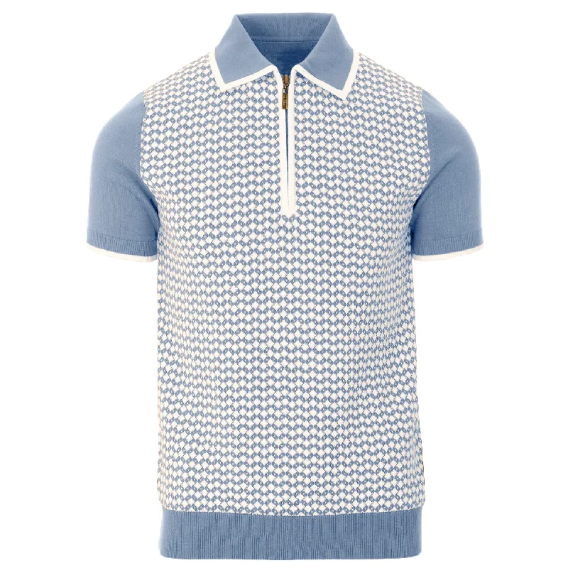 Men's Light Blue Knit Polo With Jacquard Panel