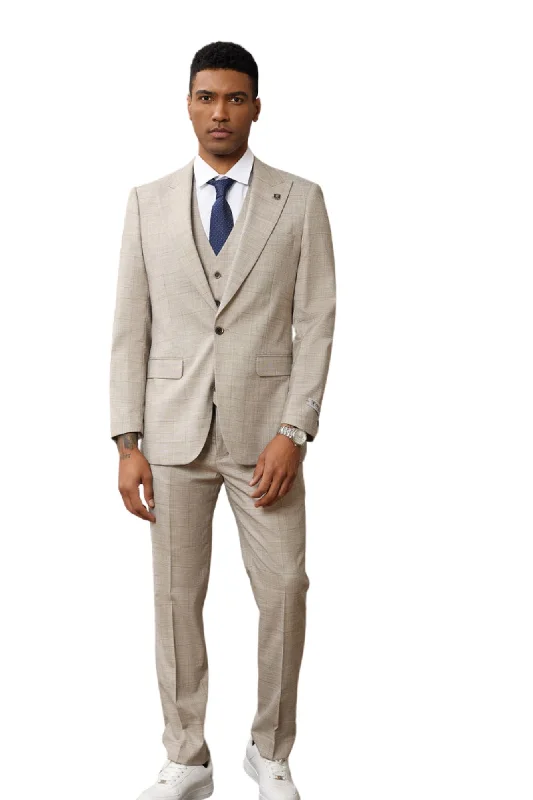 Azurette Collection: Men's Windowpane Hybrid Fit 3 Piece Suit In Light Tan