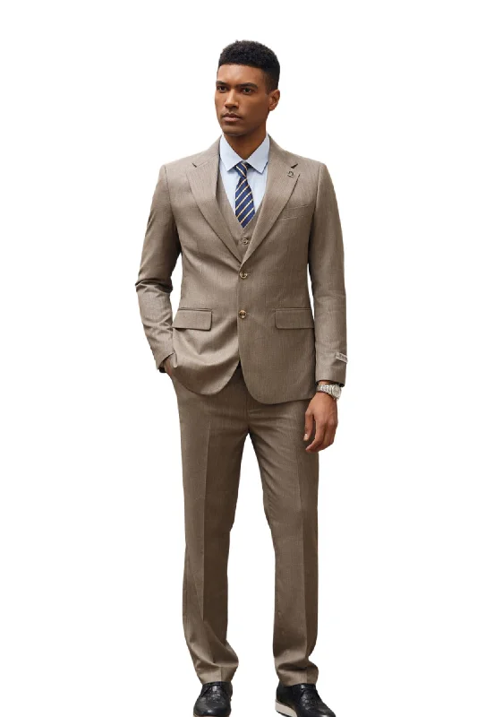 Dashify Collection: Men's Solid Textured 3 Piece Hybrid Fit Suit In Brown