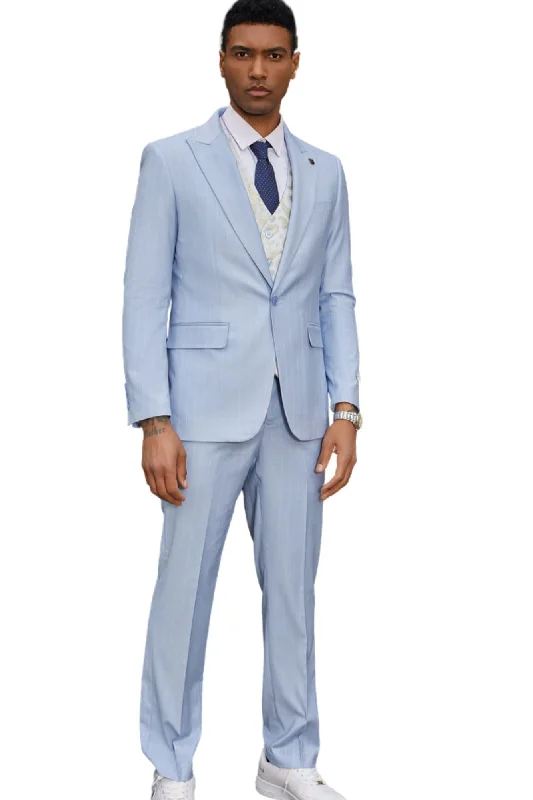 Lavellaby Collection: 3 Piece Men's Pinstripe Hybrid Fit Suit In Baby Blue