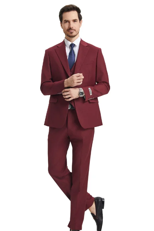 TempTrends Collection: 3 Piece Solid Slim Fit Suit For Men In Burgundy