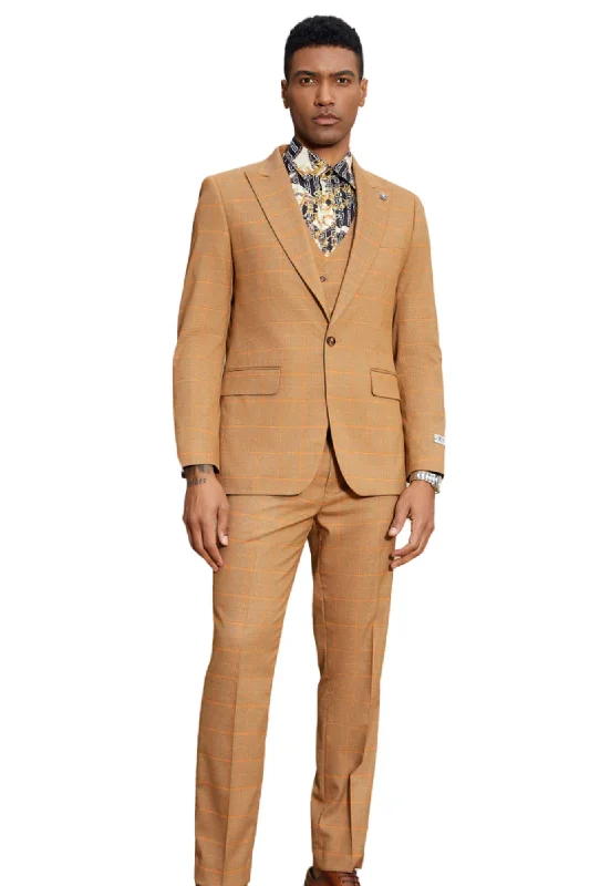 DarcyDapp Collection: Men's Windowpane Hybrid Fit 3 Piece Suit In Orange