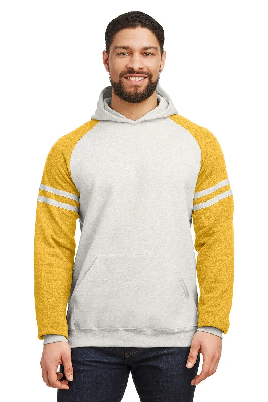 Jerzees Mens NuBlend Fleece Varsity Colorblock Hooded Sweatshirt Hoodie w/ Pouch Pocket - Heather Oatmeal/Mustard Yellow