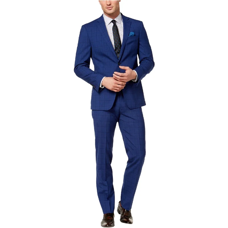 Tallia Mens Windowpane Two Button Formal Suit, Blue, 42 Short / 35W x UnfinishedL