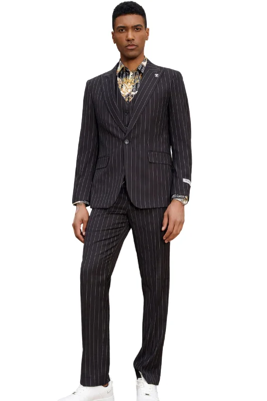 Lavellaby Collection: 3 Piece Men's Pinstripe Hybrid Fit Suit In Black