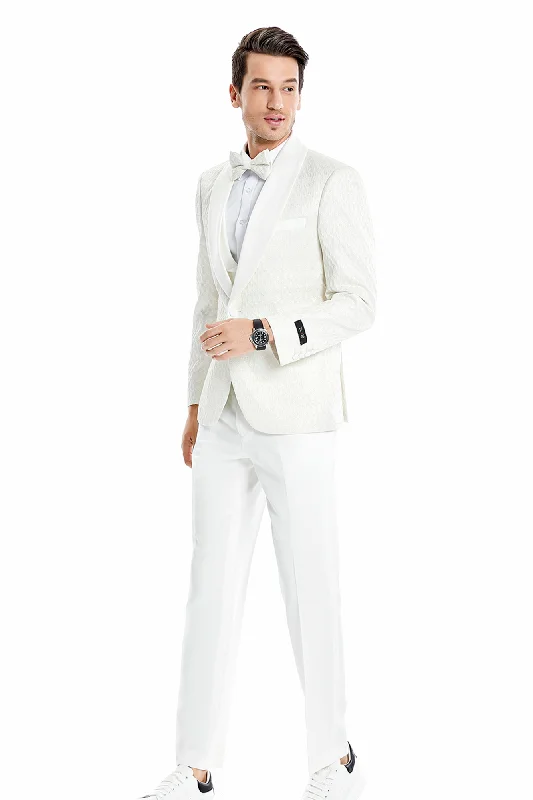 Contours Collection: 3-Piece Honeycomb Pattern Slim Fit Tuxedo In Ivory