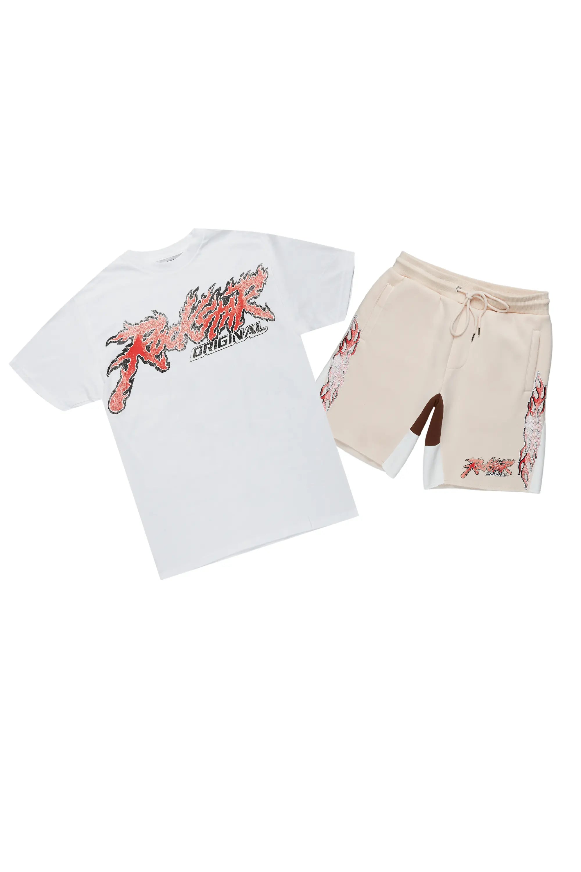 Yash White/Beige T-Shirt Short Set