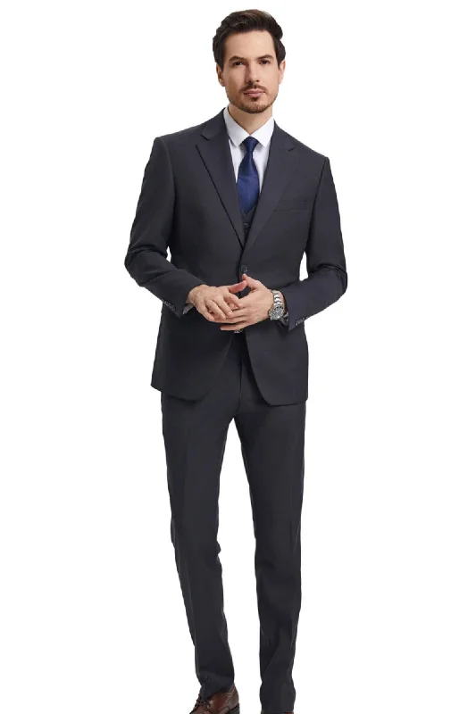 TempTrends Collection: 3 Piece Solid Slim Fit Suit For Men In Charcoal