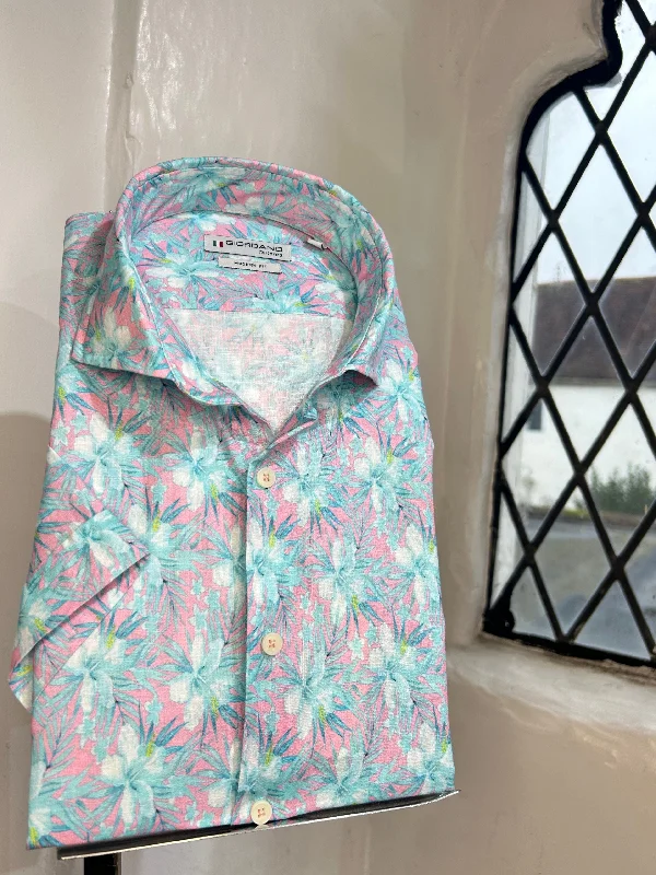 PINK SHORT SLEEVE SHIRT WITH AQUA FLOWERS