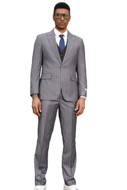 Lavellaby Collection: 3 Piece Men's Pinstripe Hybrid Fit Suit In Steel Grey