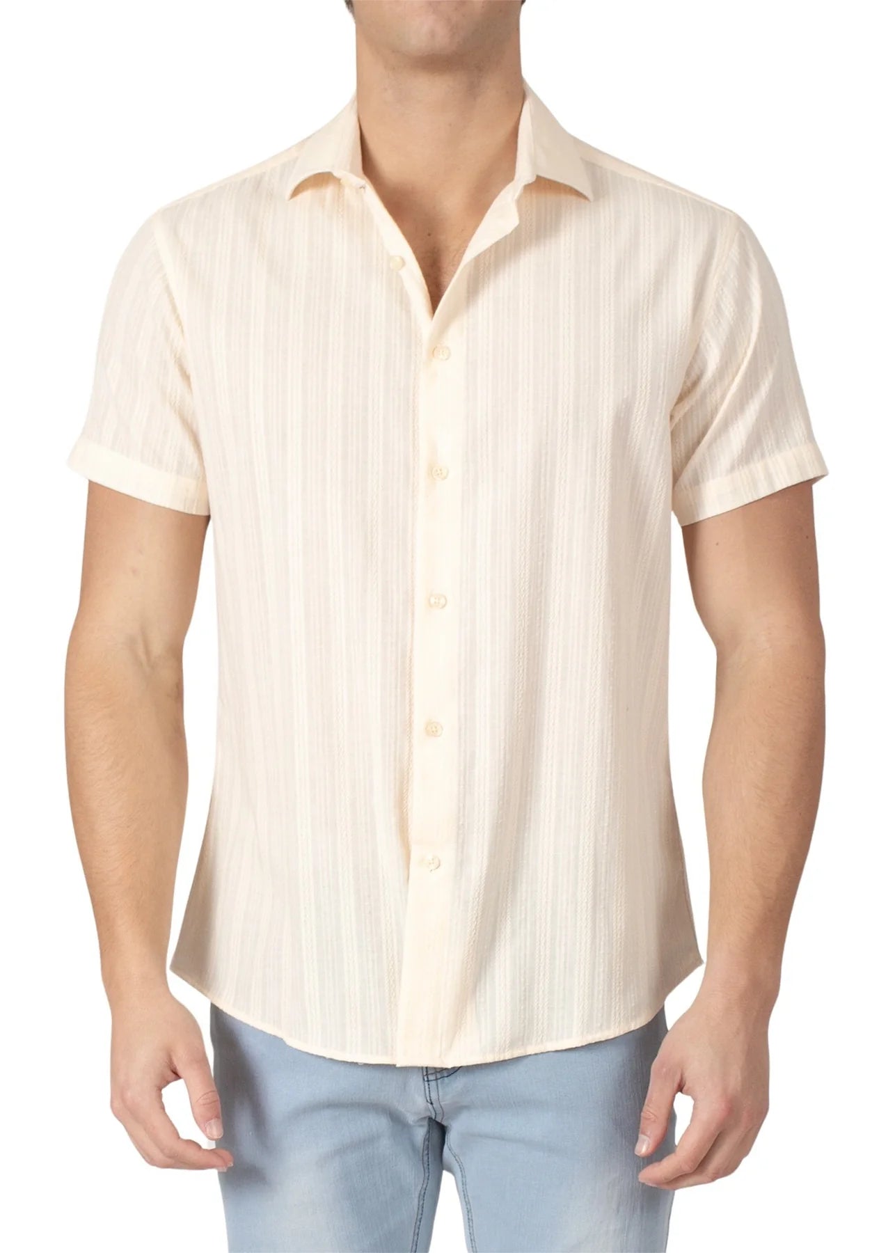 Bespoke Collection Button Up Stripe Short Sleeve Shirt - Beige