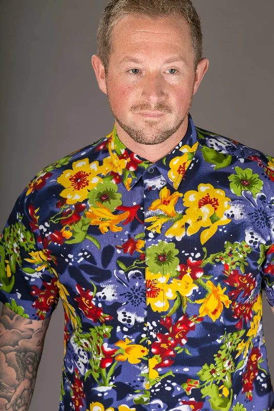 Blue Yellow Floral Print Cotton Slim and Regular Fit Mens Shirt Short Sleeve