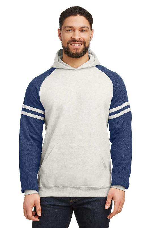 Jerzees Mens NuBlend Fleece Varsity Colorblock Hooded Sweatshirt Hoodie w/ Pouch Pocket - Heather Oatmeal/Indigo Blue