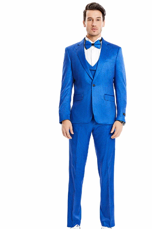 Vibrant Collection: 3-Piece Polka-Dot Slim Fit Suit with Notch Lapel In Royal/black