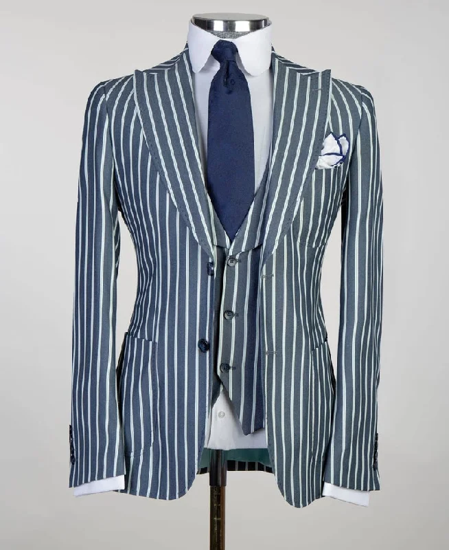 3 pieces Business Blue Striped Suit