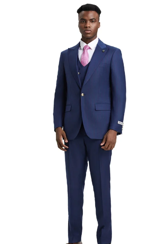 Glitzern Collection: Men's Navy Plaid Hybrid Fit 3 Piece Suit