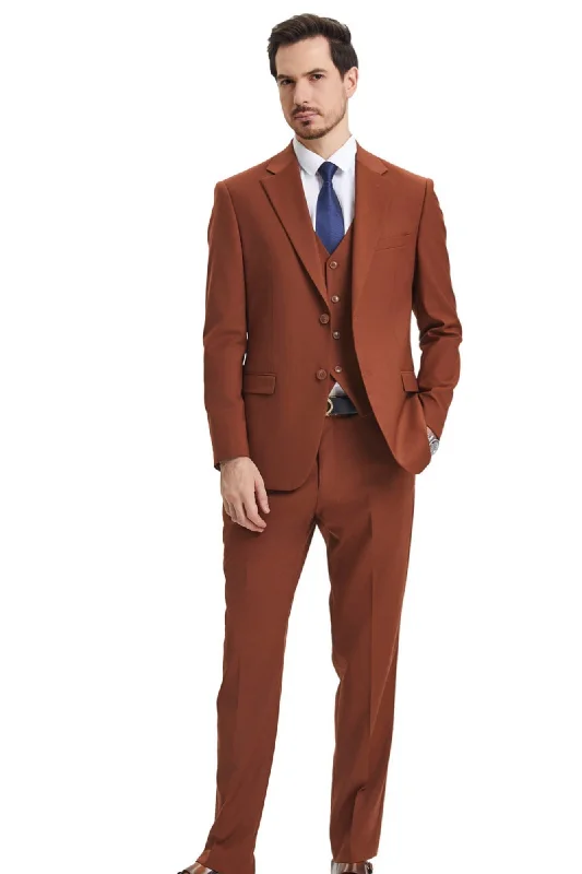 TempTrends Collection: 3 Piece Solid Slim Fit Suit For Men In Lt Brown