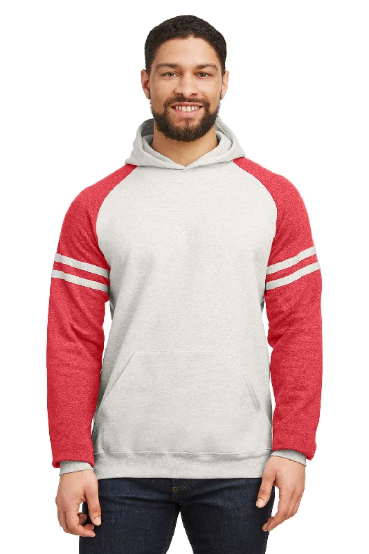 Jerzees Mens NuBlend Fleece Varsity Colorblock Hooded Sweatshirt Hoodie w/ Pouch Pocket - Heather Oatmeal/Red