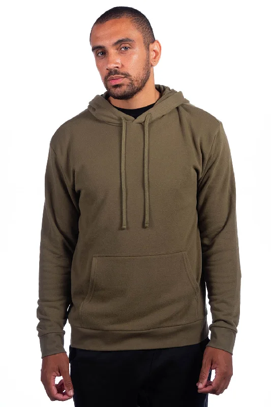 Next Level Mens Sueded French Terry Hooded Sweatshirt Hoodie w/ Pouch Pocket - Military Green