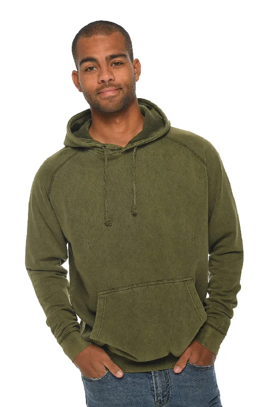 Lane Seven Mens Vintage Raglan Hooded Sweatshirt Hoodie w/ Pouch Pocket - Vintage Olive Green