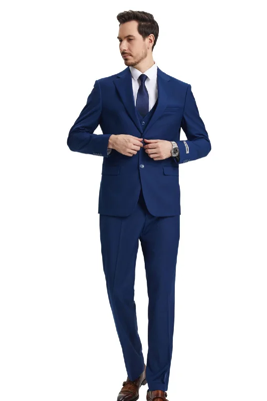 TempTrends Collection: 3 Piece Solid Slim Fit Suit For Men In Indigo